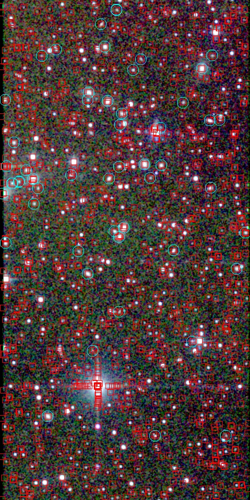 Rolling mouse over image switches between overlays showing
the point and extended source WDB extractions and 6x-PSC and 6x-XSC
sources.